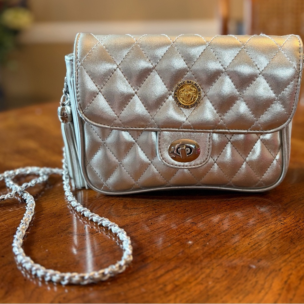 Pierre Balmain Silver Quilted Clutch with Gold Crest